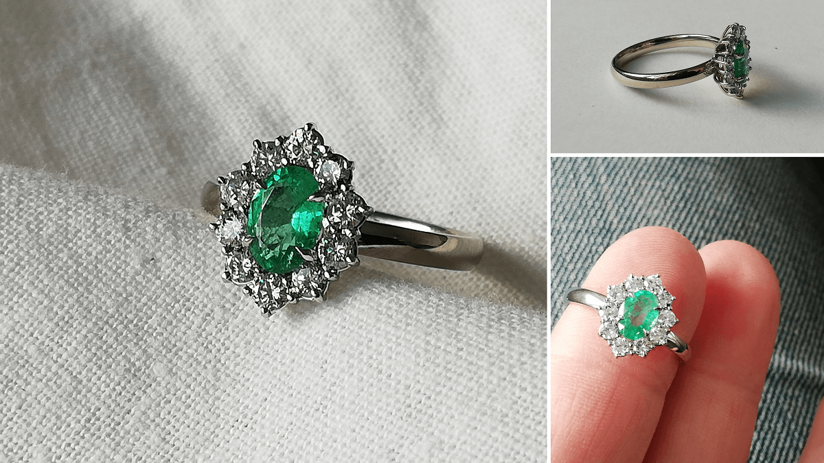 pierścionek ze szmaragdem i diamentami w stylu vintage
